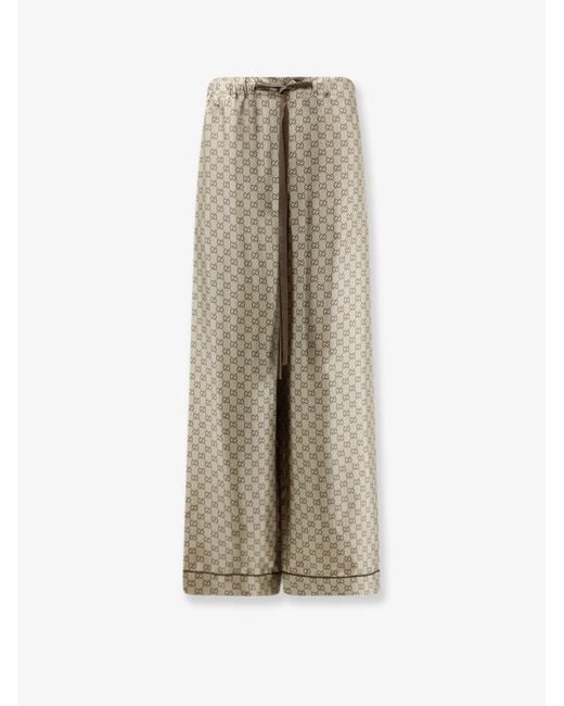 Gucci Natural Silk Trousers With All-Over Gg Motif