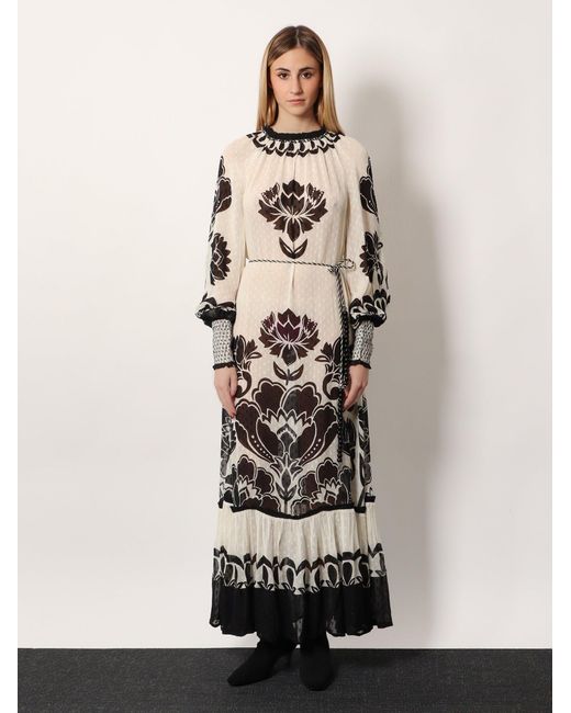 Farm Rio White Viscose Dress With Floral Arabesque Motif