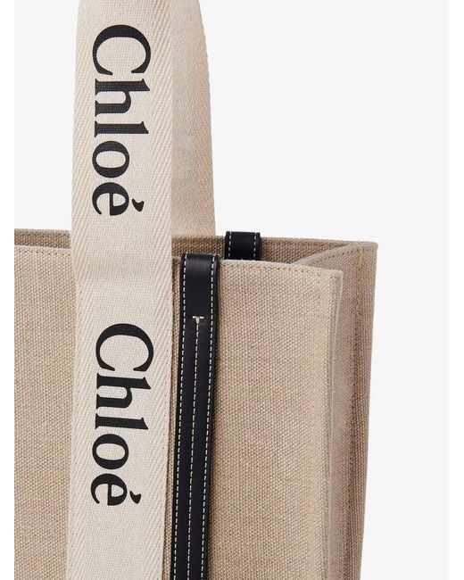 Chloé Natural Woody Linen Shoulder Bag With Front Lettering Logo