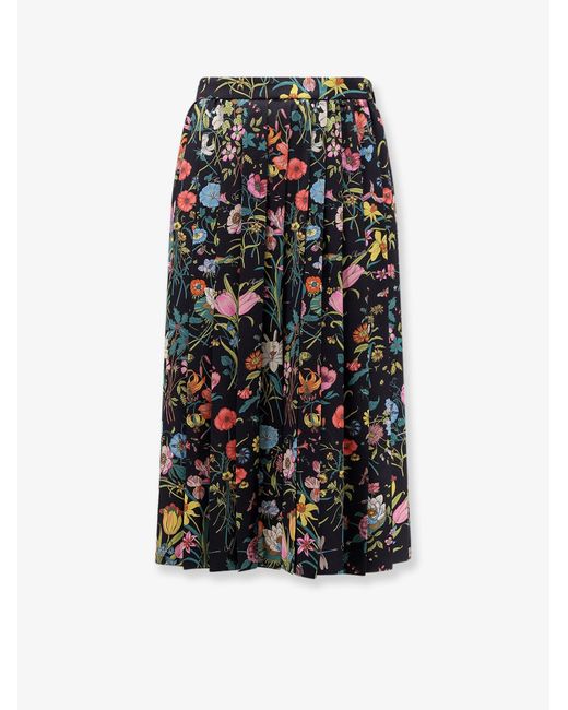 Gucci Black Silk Midi Skirt With Floral Print