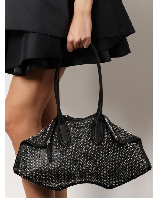 McQueen Black Manta Leather Shoulder Bag With All-Over Metal Details