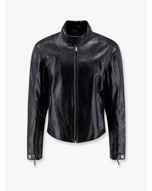 Gucci Black Leather Bomber With Web Details for men