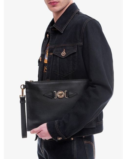 Versace Black Leather Closure With Zip Clutches for men