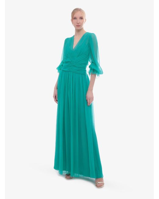 Alberta Ferretti Green V-neck Long Sleeves Silk Closure With Zip Long Dresses