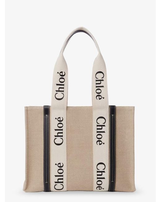Chloé Natural Woody Linen Shoulder Bag With Front Lettering Logo