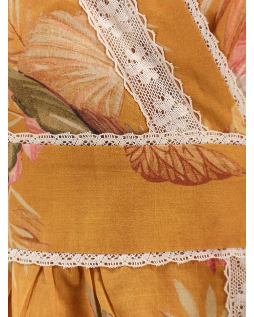 Zimmermann Natural Frill Cotton Short Dress With Floral Print