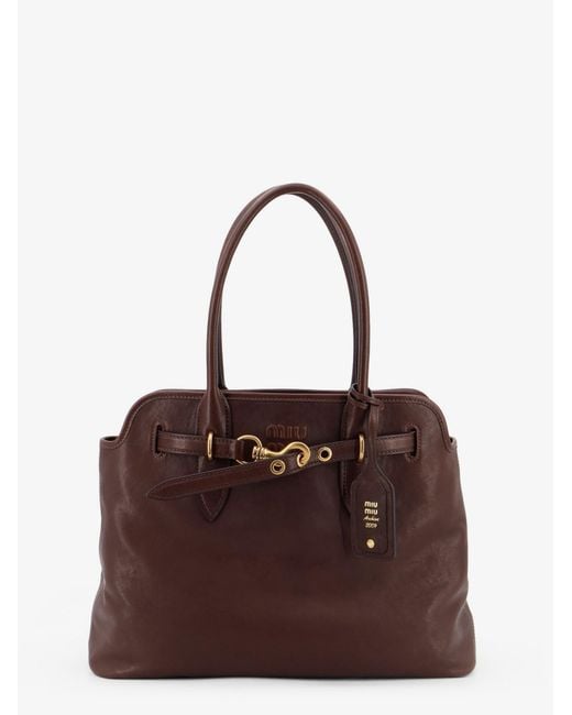 Miu Miu Brown Aventure Leather Handbag With Front Lettering Logo