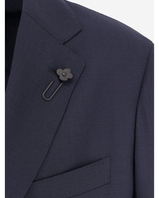 Lardini Blue Wool Blazer With Iconic Brooch for men