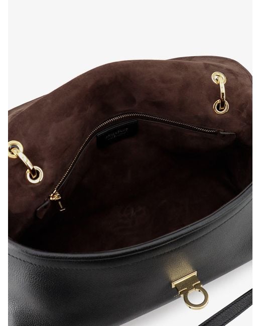 Ferragamo Black Leather Shoulder Bag With Gancini Detail