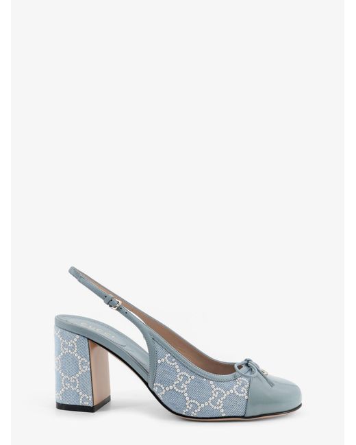 Gucci White Denim Pumps With All-Over Logo Detail