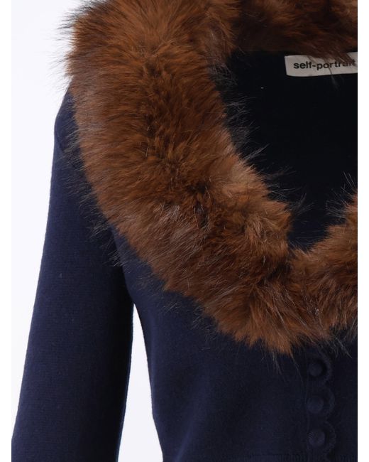 Self-Portrait Blue Cardigan With Faux Fur Profile