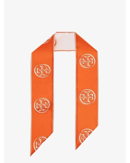Tory Burch Orange Medallion Logo Ribbon Silk Tie