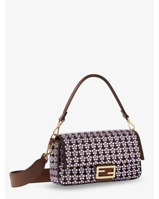 Fendi Purple Baguette Leather Crossbody Bag With Blooming Crystals Motif