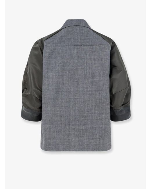 Sacai Gray Wool Shirt With Nylon Sleeves