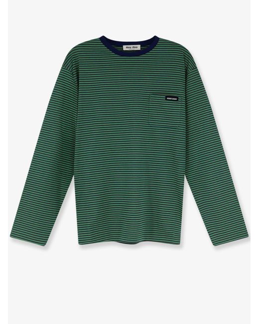 Miu Miu Green Cotton T-Shirt With Striped Pattern