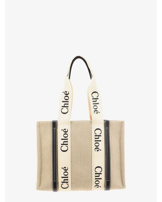 Chloé Natural Woody Linen Shoulder Bag With Front Lettering Logo