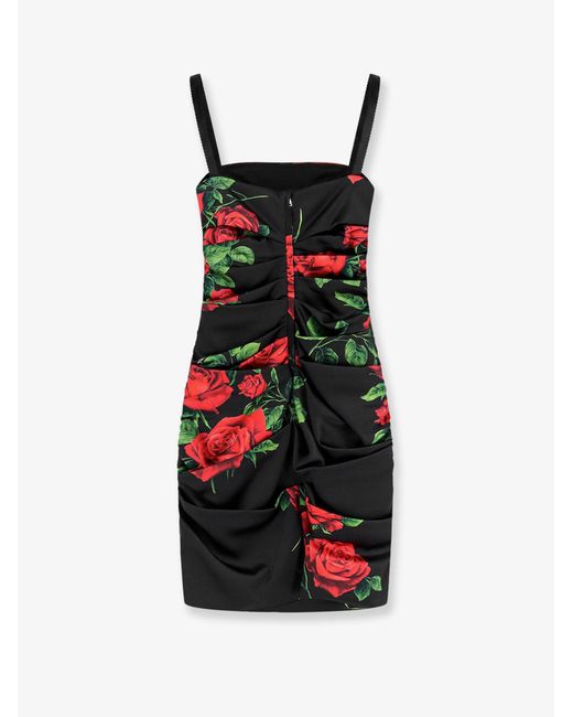 Dolce & Gabbana Red Short Satin Dress With Rose Print