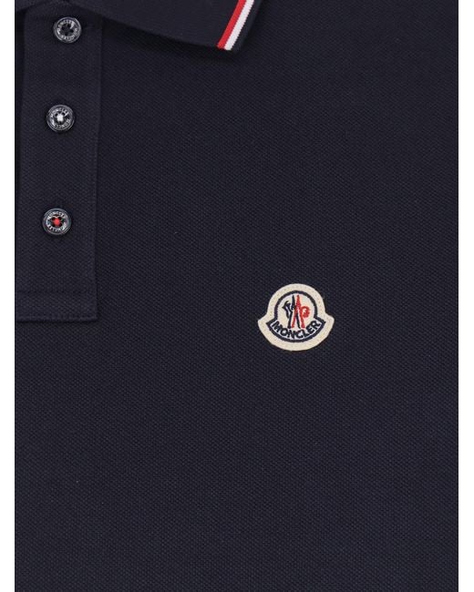 Moncler Blue Cotton Polo Shirt With Logo Patch for men