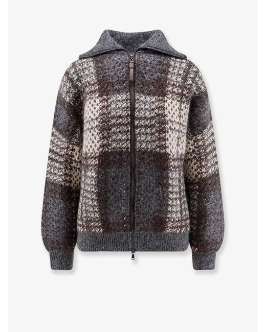 Brunello Cucinelli Gray Cardigan With Intarsia And Micro-Sequin Embroidery