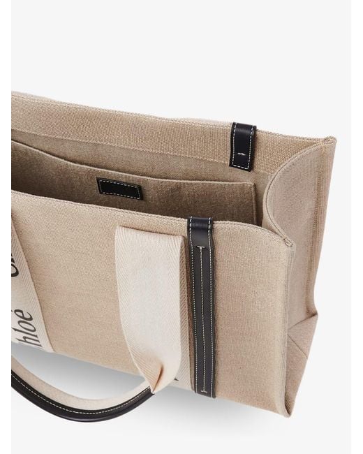 Chloé Natural Woody Linen Shoulder Bag With Front Lettering Logo