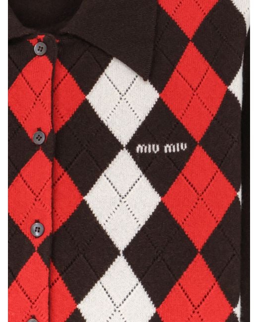 Miu Miu Red Diamond-Patterned Cashmere Cardigan