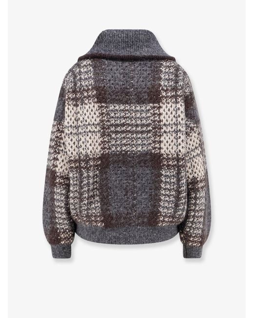Brunello Cucinelli Gray Cardigan With Intarsia And Micro-Sequin Embroidery