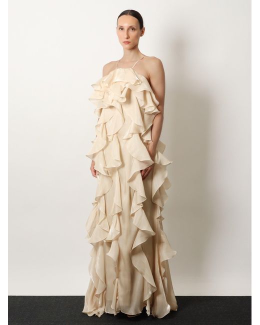 ACTUALEE White Long Dress With Ruffles