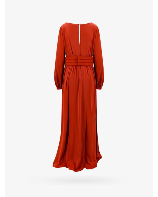Max Mara Red V-neck Long Sleeves Silk Long Dresses