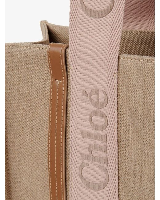 Chloé Natural Woody Linen Shoulder Bag With Front Embroidered Logo