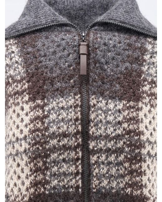 Brunello Cucinelli Gray Cardigan With Intarsia And Micro-Sequin Embroidery