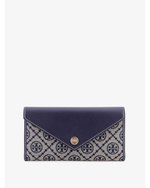 Tory Burch Blue Leather And T Monogram Fabric Wallet