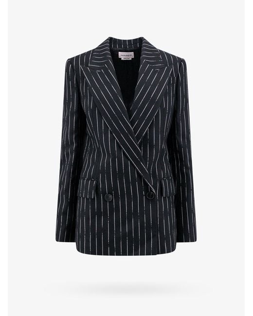 McQueen Blue Double-Breasted Broken Pinstripe Blazer