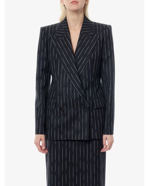 McQueen Blue Double-Breasted Broken Pinstripe Blazer