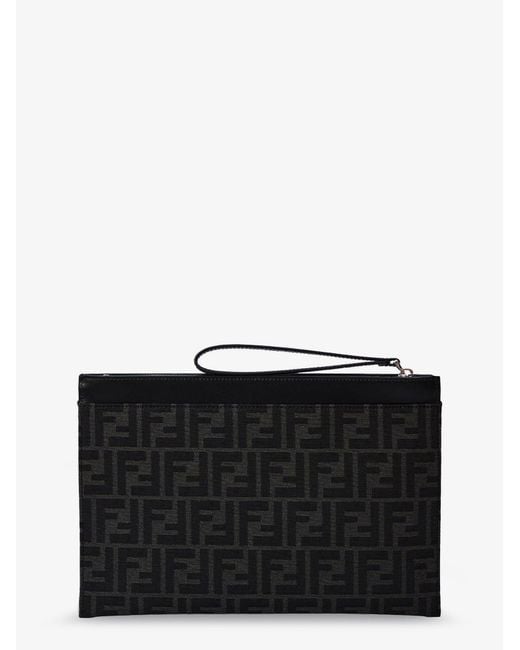 Fendi Black Ff Jacquard Fabric And Leather Flat Pouch Medium for men
