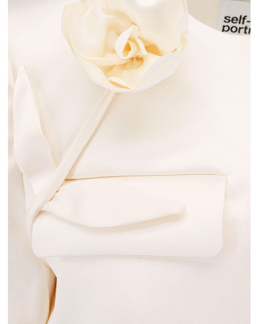 Self-Portrait White Satin Blazer With 3D Flower