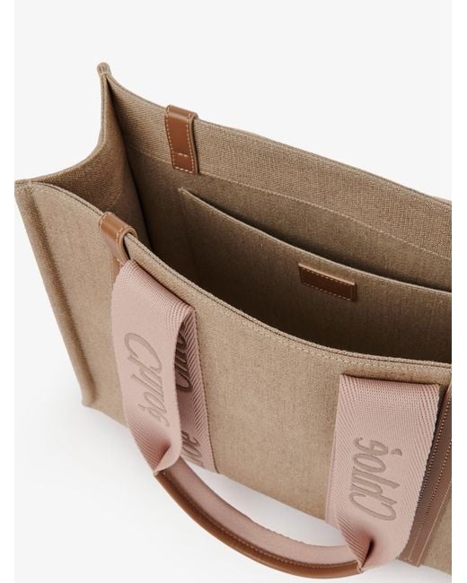Chloé Natural Woody Linen Shoulder Bag With Front Embroidered Logo
