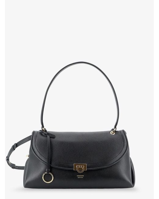 Ferragamo Black Leather Shoulder Bag With Gancini Detail
