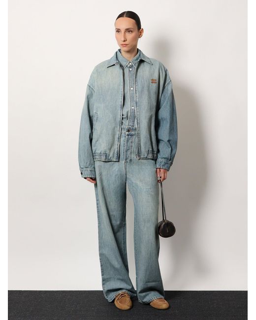 Miu Miu Gray Cotton Jeans With Logo Lettering Embroidery