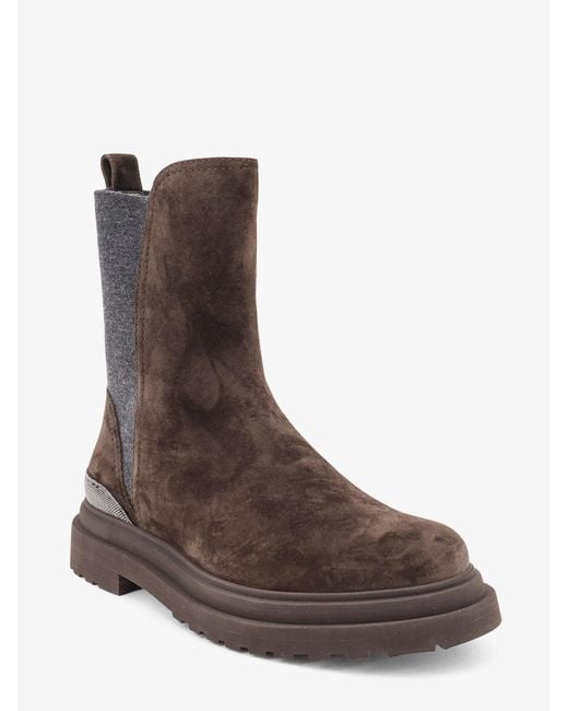 Brunello Cucinelli Brown Suede Boots With Monili Details
