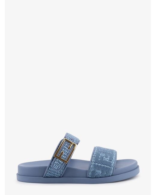 Fendi Blue Feel Woven Rafia Flat Sandals