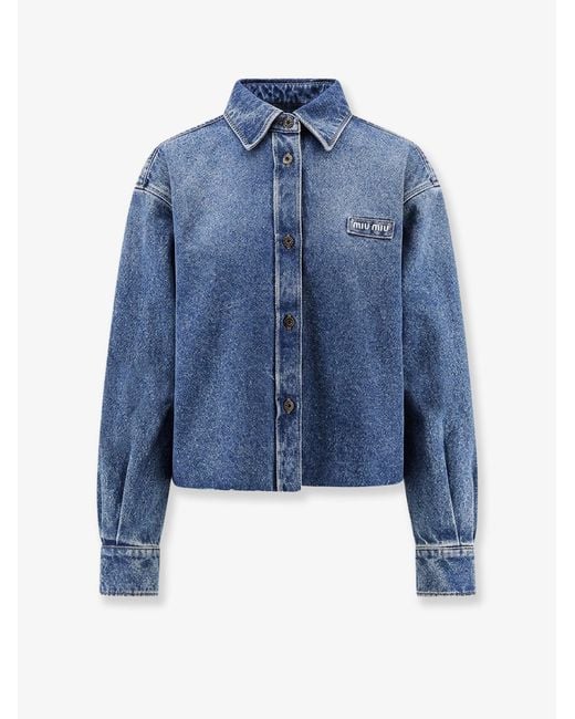 Miu Miu Blue Denim Shirt With Logo Patch