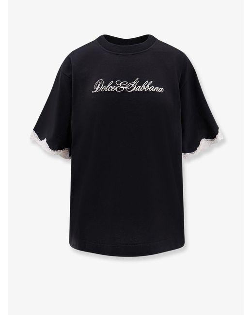 Dolce & Gabbana Black Cotton T-Shirt With Lace Details