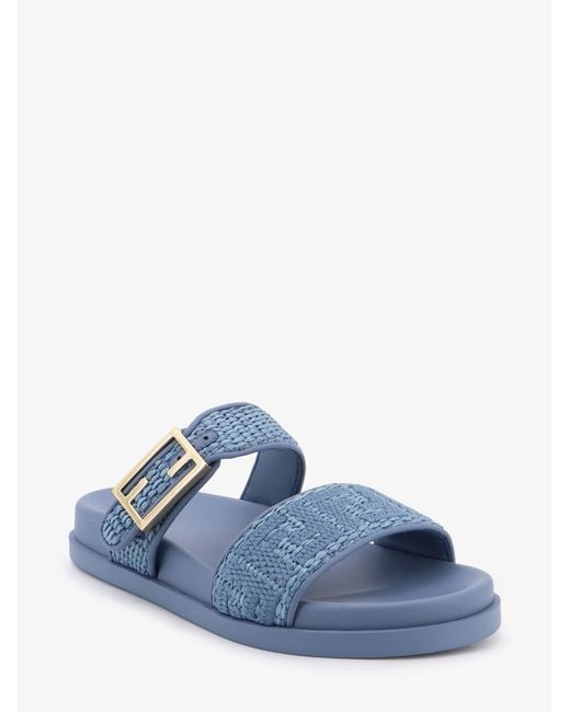 Fendi Blue Feel Woven Rafia Flat Sandals