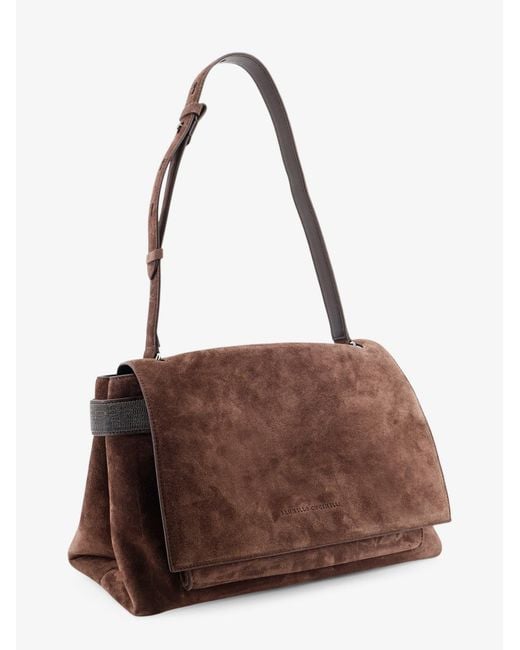 Brunello Cucinelli Brown Suede Crossbody Bag With Monili Details