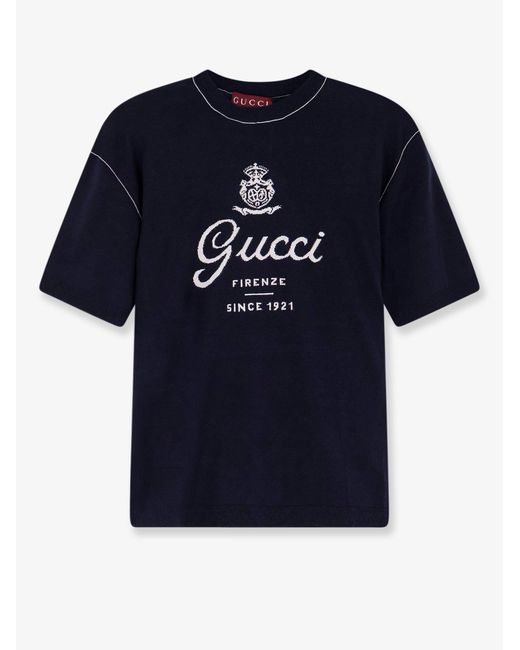 Gucci Blue Silk And Linen Sweater With Firenze Since 1921 Inlay for men