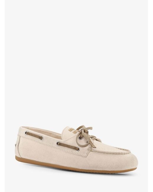Miu Miu Natural Fabric Loafers With Front Lettering Logo
