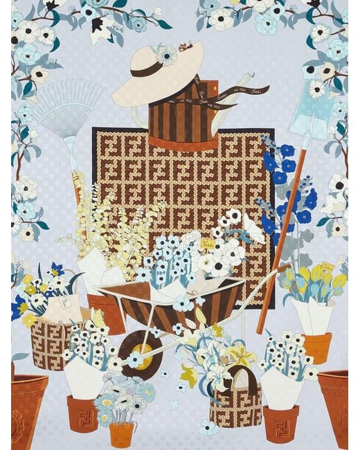 Fendi Blue Silk Scarf With Gardening Print