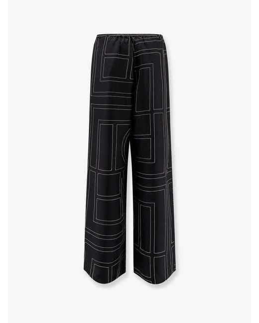 Totême  Black Silk Trousers With Monogram Logo Embroidery