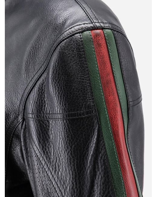 Gucci Black Leather Bomber With Web Details for men