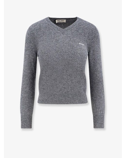 Miu Miu Blue Wool Sweater With Logo Inlay